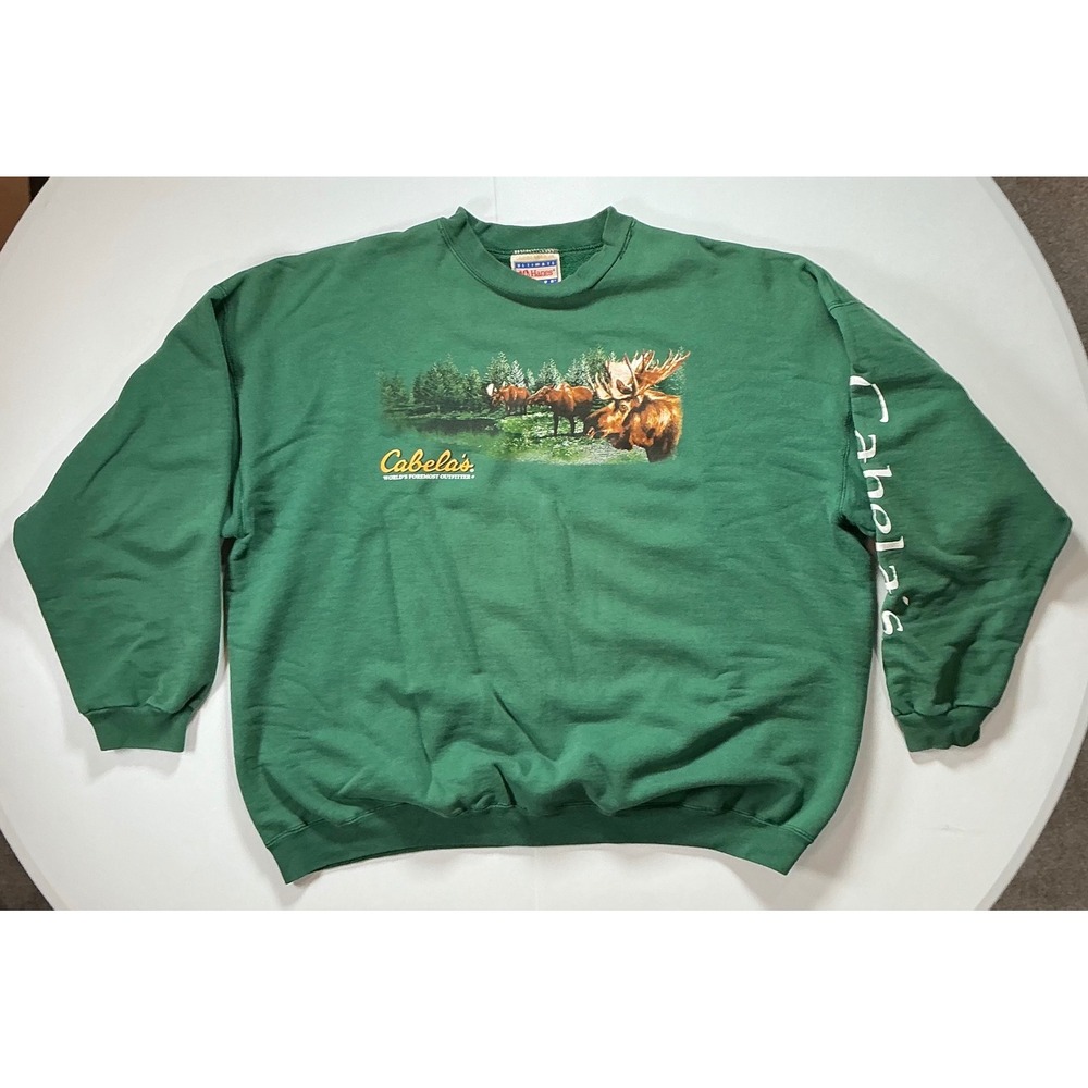 VTG Y2K Cabelas Sweatshirt Green Moose Sleeve Hits Outdoor Nature  Mens XL